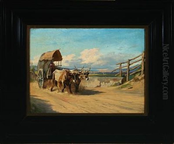 Italian Scenery With Oxdrawn Cart Oil Painting by Adolf Heinrich Mackeprang