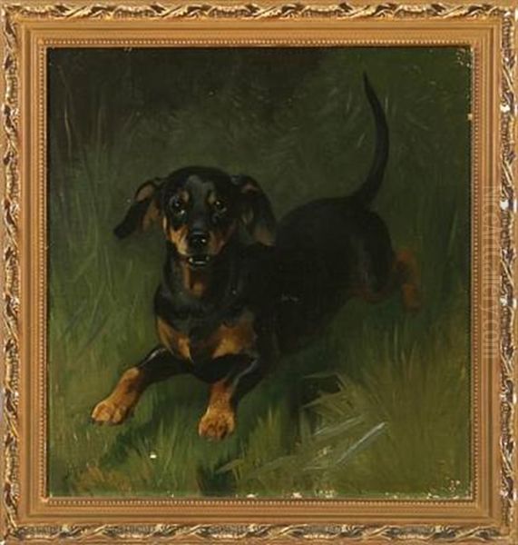 A Dachshund Oil Painting by Adolf Heinrich Mackeprang