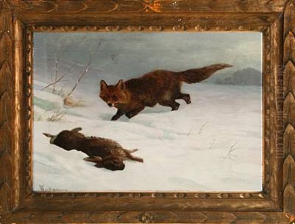 Snowscape With Fox And Hare Oil Painting by Adolf Heinrich Mackeprang