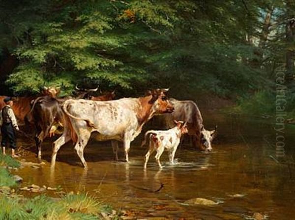 The Cows Are Being Watered Oil Painting by Adolf Heinrich Mackeprang