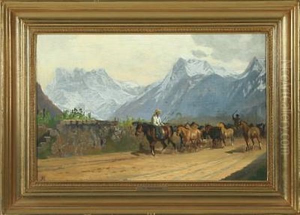 Horses At A Bridge Oil Painting by Adolf Heinrich Mackeprang