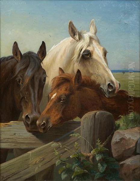 Horses In A Corral Oil Painting by Adolf Heinrich Mackeprang