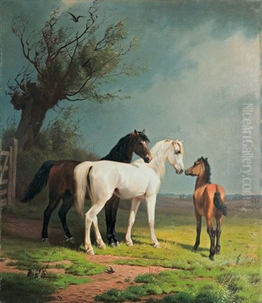 A Horse Pair And A Colt Oil Painting by Adolf Heinrich Mackeprang