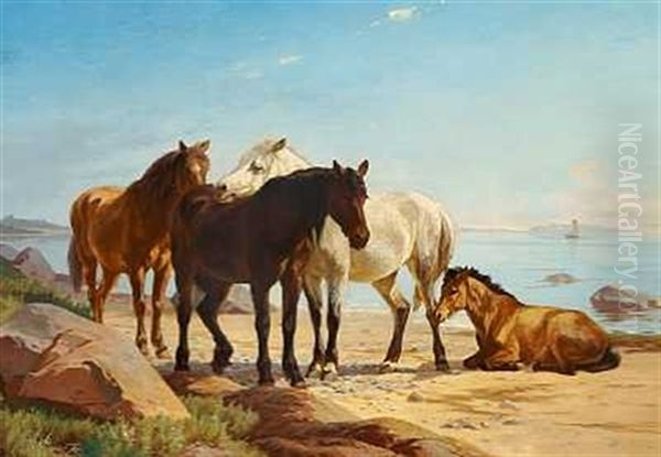 Heste Pa Stranden Oil Painting by Adolf Heinrich Mackeprang