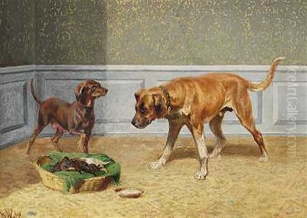 "caecar" Og "diana". To Hunde Og Hvalpe I En Kurv Oil Painting by Adolf Heinrich Mackeprang