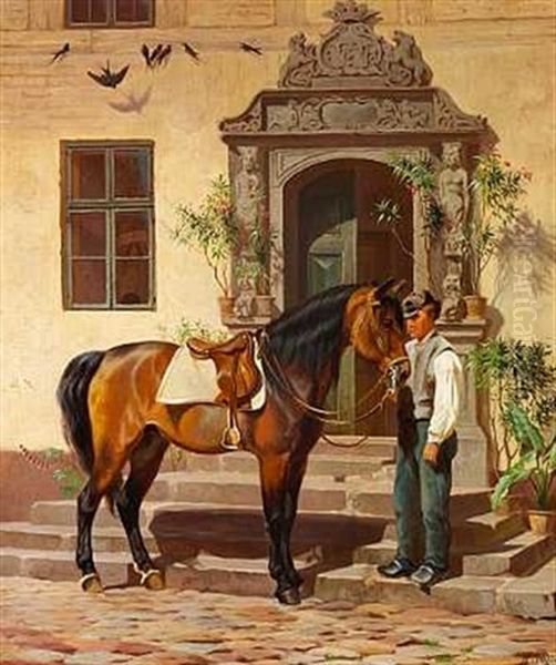 Staldmester Med Opsadlet Hest Foran Hovedbygningens Indgang Oil Painting by Adolf Heinrich Mackeprang