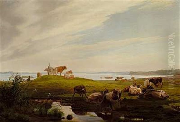 Graessende Koer Ved Fjorden Oil Painting by Adolf Heinrich Mackeprang