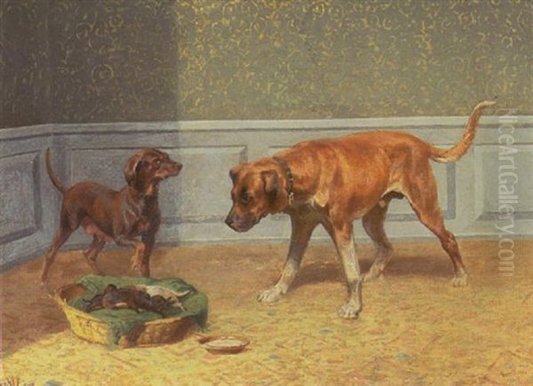 Interior Med To Hunde 'caesar Og Dianna' Med Deres Hvalpe Oil Painting by Adolf Heinrich Mackeprang