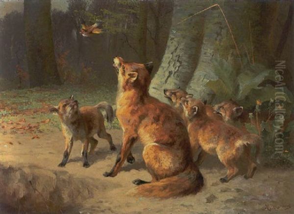 Efterarsskov, Raev Med Et Kuld Unger, Der Betragter En Flyvende Fugl Oil Painting by Adolf Heinrich Mackeprang