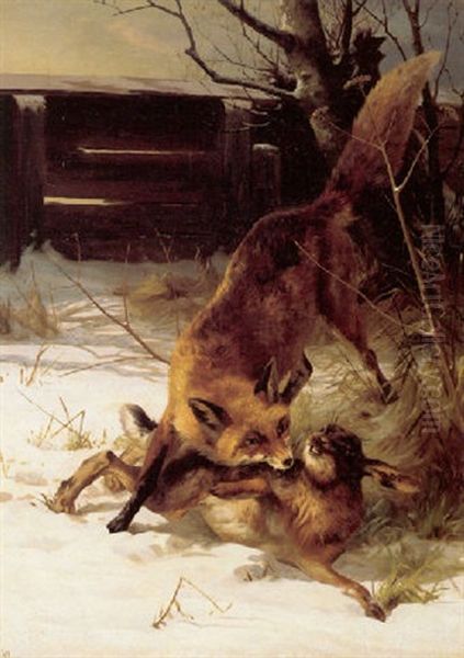 Raev Og Hare I Vinterskoven Oil Painting by Adolf Heinrich Mackeprang