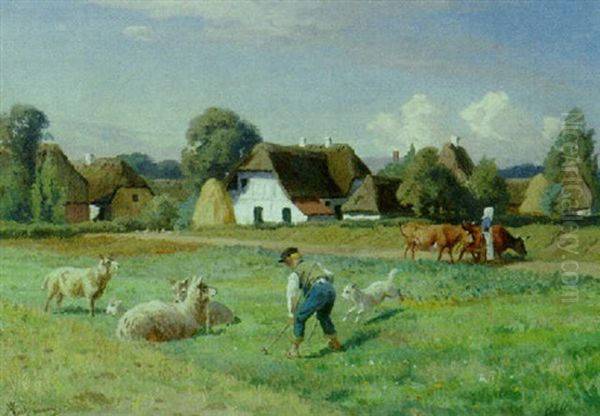 Lille Rogterdreng Udenfor En Bondegard Oil Painting by Adolf Heinrich Mackeprang