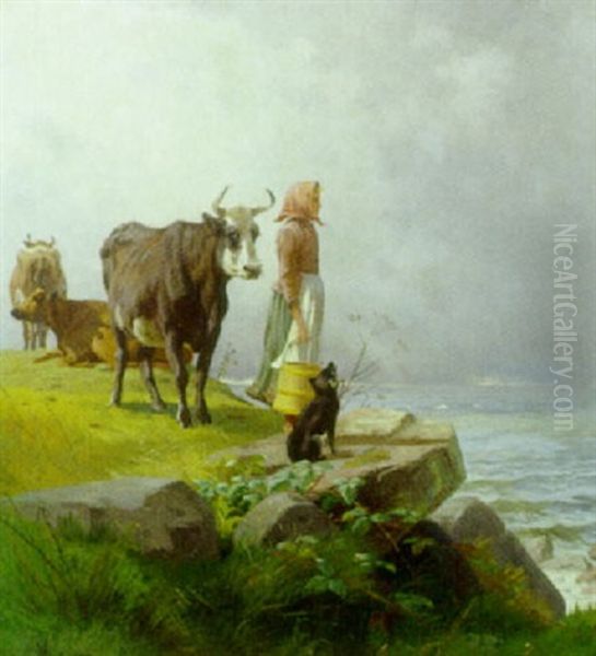 Kystparti Med Malkepige, Hund Og Kvaeg Oil Painting by Adolf Heinrich Mackeprang