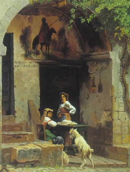 Italiensk Gadeparti Med To Kvinder Og En Ged Oil Painting by Adolf Heinrich Mackeprang