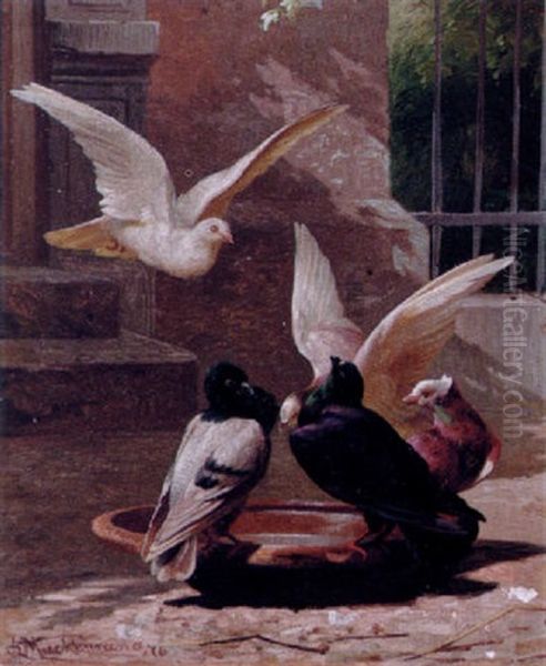 Duer Ved Et Fuglebad Oil Painting by Adolf Heinrich Mackeprang