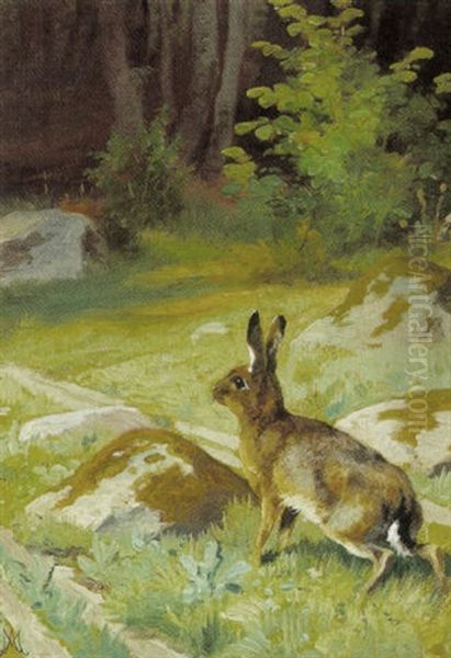 Skovparti Med Hare Oil Painting by Adolf Heinrich Mackeprang