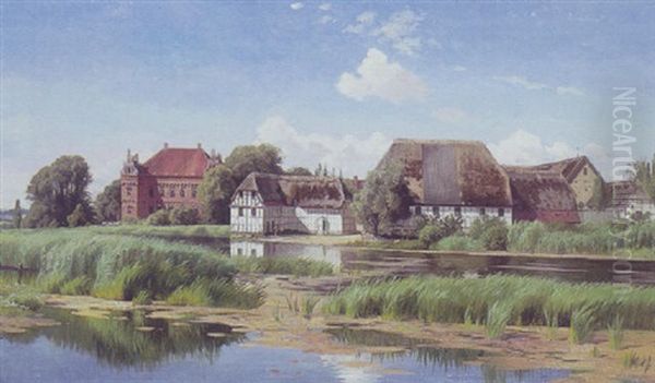 Udsigt Mod En Dansk Herregard Med Avlsbygninger Oil Painting by Adolf Heinrich Mackeprang