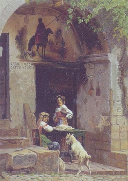 To Italienerinder I Passiar Ved Bord Oil Painting by Adolf Heinrich Mackeprang