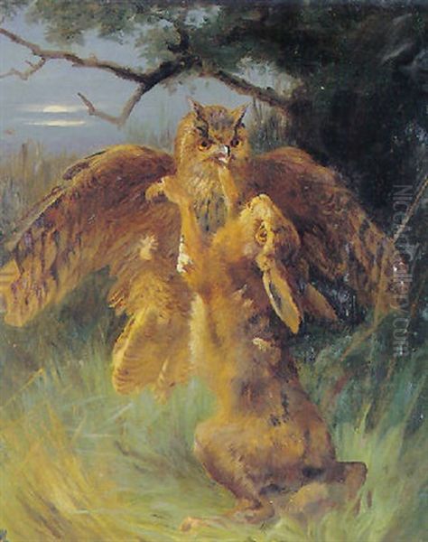 Hare Og Ugle I Kamp Oil Painting by Adolf Heinrich Mackeprang