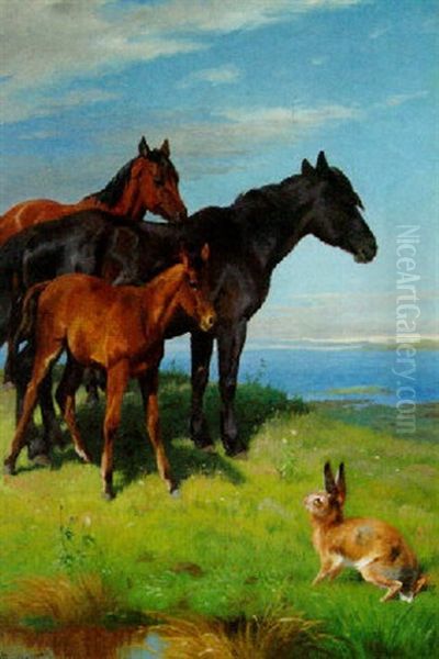 Ponies And A Hare Overlooking The Sea Oil Painting by Adolf Heinrich Mackeprang