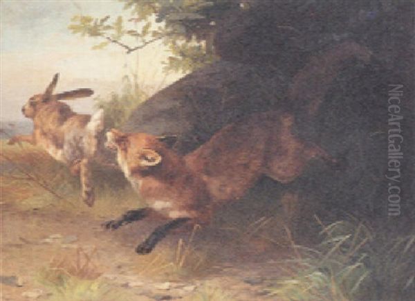 A Fox Chasing A Rabbit Oil Painting by Adolf Heinrich Mackeprang