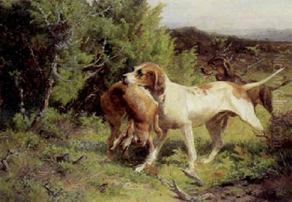 Jagtscene Med To Hunde, Der Har Hentet En Hare Oil Painting by Adolf Heinrich Mackeprang