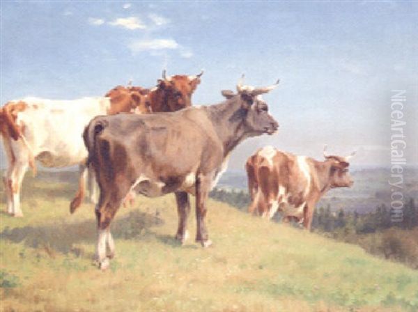 Cows On A Hillside Oil Painting by Adolf Heinrich Mackeprang