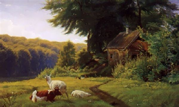 Sommerdag Ved Et Bondehus Oil Painting by Adolf Heinrich Mackeprang