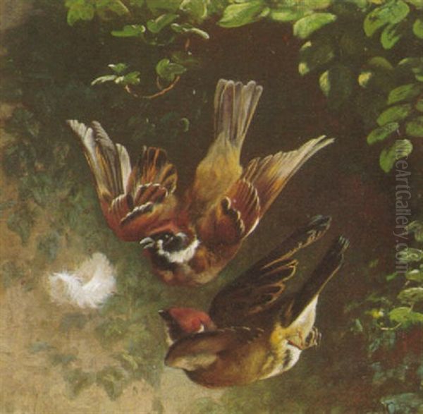 To Fugle Flyver Efter En Fjer by Adolf Heinrich Mackeprang