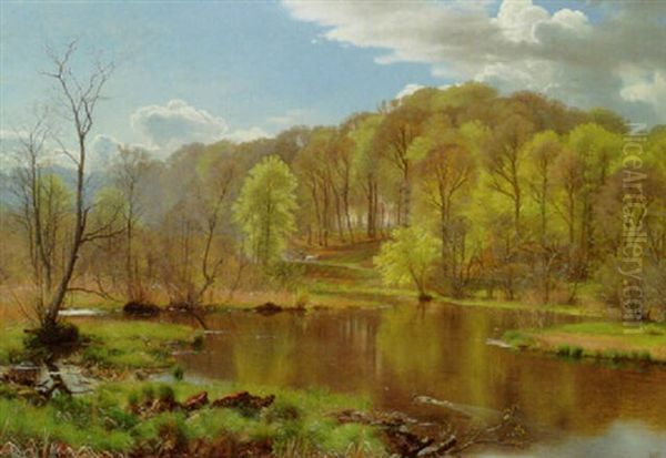 A Wooded River Landscape Oil Painting by Adolf Heinrich Mackeprang