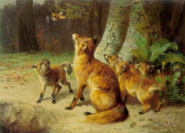 Skorvparti Med Raevefamilie Der Betragter En Fugl Oil Painting by Adolf Heinrich Mackeprang