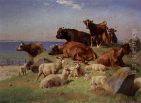 Sheep And Cattle Resting In A Coastal Landscape Oil Painting by Adolf Heinrich Mackeprang