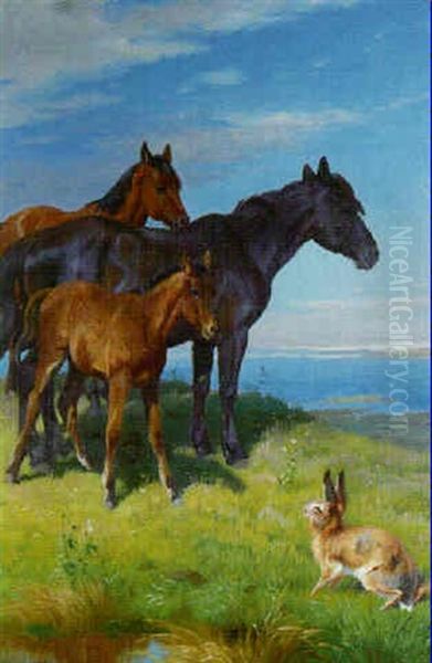 Horses And Hare In A Coastal Meadow Oil Painting by Adolf Heinrich Mackeprang