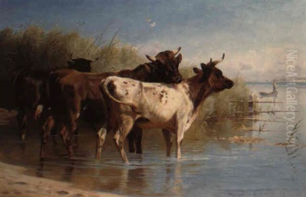 Cattle Watering In A River Landscape Oil Painting by Adolf Heinrich Mackeprang