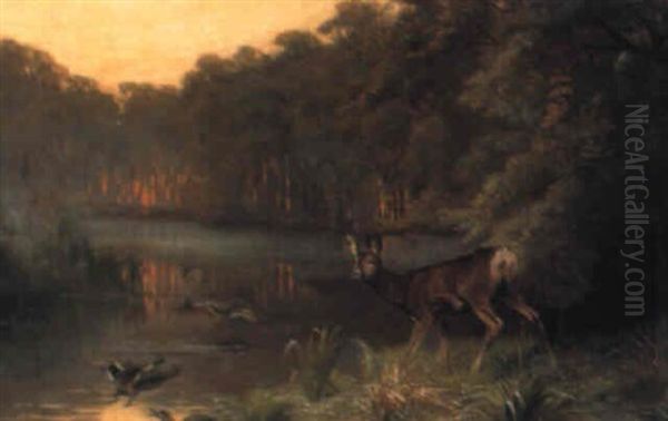 Radyr Og Gra+mder Ved En Skovs+ Oil Painting by Adolf Heinrich Mackeprang