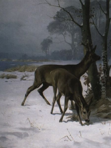 Deer Near A Lake In Winter Oil Painting by Adolf Heinrich Mackeprang