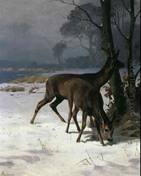 Rehe Am Waldesrand Oil Painting by Adolf Heinrich Mackeprang