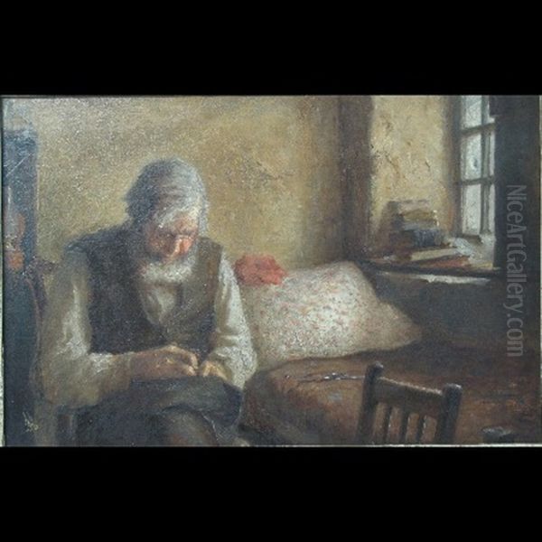 Interior Scene With Bearded Man Darning By A Window Oil Painting by Charles Hodge Mackie