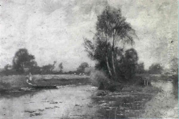 A Tranquil River Landscape With Figures On A Bank Oil Painting by Alexander Maclean