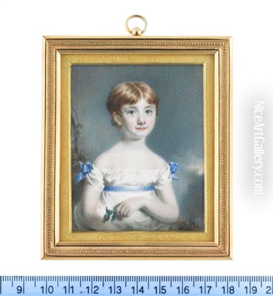 Isabella Campbell Of Sonachan, Wearing White Dress With Sky Blue Sash And Matching Ribbons At Her Shoulders, She Holds A Sprig Of Holly In Her Left Hand, Blonde Hair Oil Painting by Kenneth Macleay