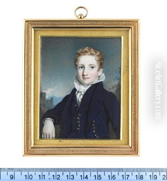 Donald Campbell Of Sonachan, Wearing Blue Eton Suit, White Chemise With Frilled Collar, Blonde Hair Oil Painting by Kenneth Macleay