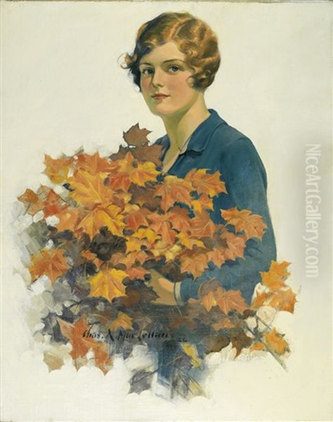 Woman With Autumn Foliage Bouquet Oil Painting by Charles Archibald Maclellan