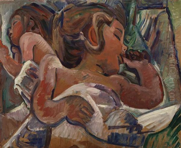 Girl Sucking Her Thumb (probably The Artist's Daughter) / Mounted Police On City Street, Ny (verso) Oil Painting by Pegi Nicol Macleod