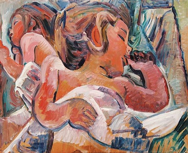 Girl Sucking Her Thumb (probably The Artist's Daughter)(recto); Mounted Police On City Street, N.y. 9verso) Oil Painting by Pegi Nicol Macleod