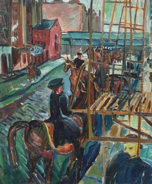 Mounted Police On A City Street, New York (recto); Untitled (verso) Oil Painting by Pegi Nicol Macleod