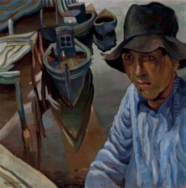 Fisherman At The Harbour (+ Farm Scene, Verso) Oil Painting by Pegi Nicol Macleod