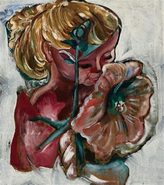 Young Girl With Flowers (+ A Portrait Of A Woman, Verso) Oil Painting by Pegi Nicol Macleod