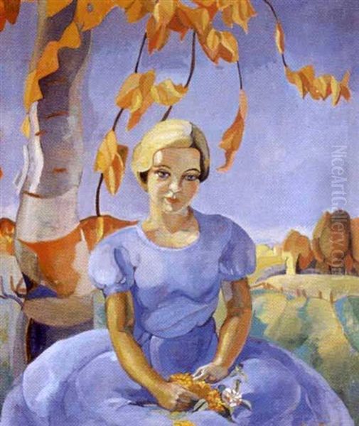 Portrait Of A Young Lady In A Blue Dress Oil Painting by Pegi Nicol Macleod