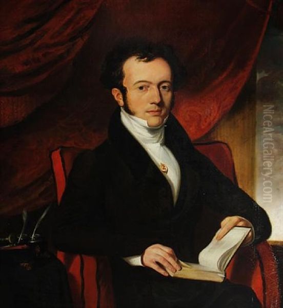 Portrait Of M. Marcelles, Honourary Consul To Cork, In A Brown Coat With A Cameo Pinned To A White Waistcoat, Seated In An Interior, On A Red Chair Oil Painting by Daniel Maclise