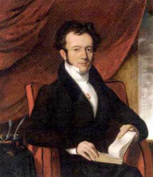 Portrait Of M. Marcelles, Honourary Consul To Cork, In A Brown Coat With A Cameo Pinned To A White Waistcoat, Seated In An Interior, On A Red Chair, With An Open Book Oil Painting by Daniel Maclise