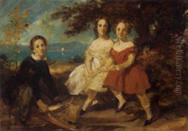 Portrait Of Three Children In A Lake Landscape Oil Painting by Daniel Maclise